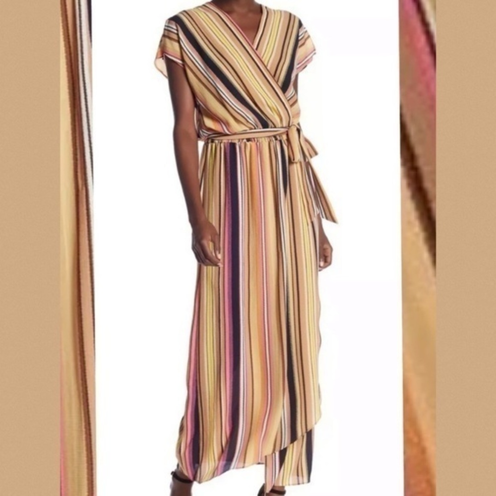 ECI New York Tan Multicolored Striped Faux Wrap Comfy Stretchy Maxi Dress Medium